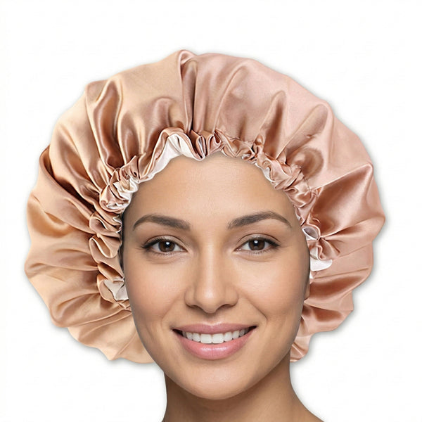 SATIN SET - Protect your hair & keep it dry - Khaki Satin Hair Bonnet + Shower cap + Scrunchie