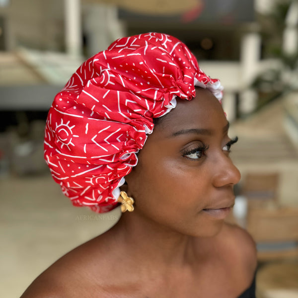 Red mud / bogolan Satin Hair Bonnet ( Adjustable & Reversable Satin Night sleep cap )