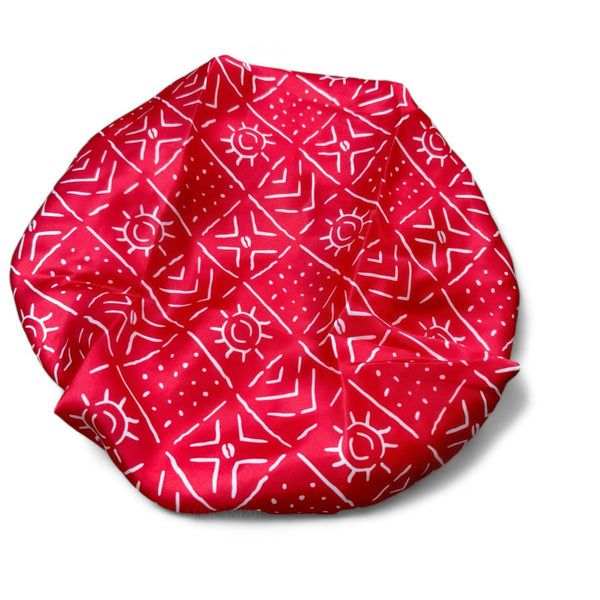 Rouge / bogolan Bonnet en Satin ( Bonnet de nuit réversible en satin )