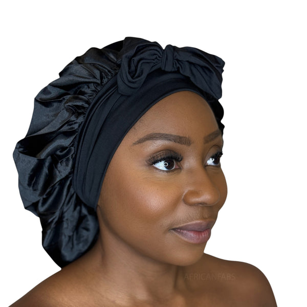 Bonnet de nuit en satin avec bretelles - Noir ( Bonnet de sommeil en satin )