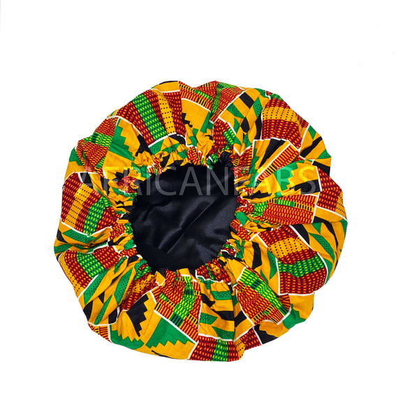 African Jaune Bonnet Kente imprimé pour les cheveux ( Satin lined  Night sleep cap )