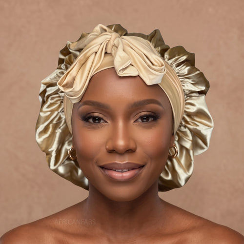 Satinhaube / Satin Hair Bonnet mit Bändern - Khaki ( Satin Schlafhaube )