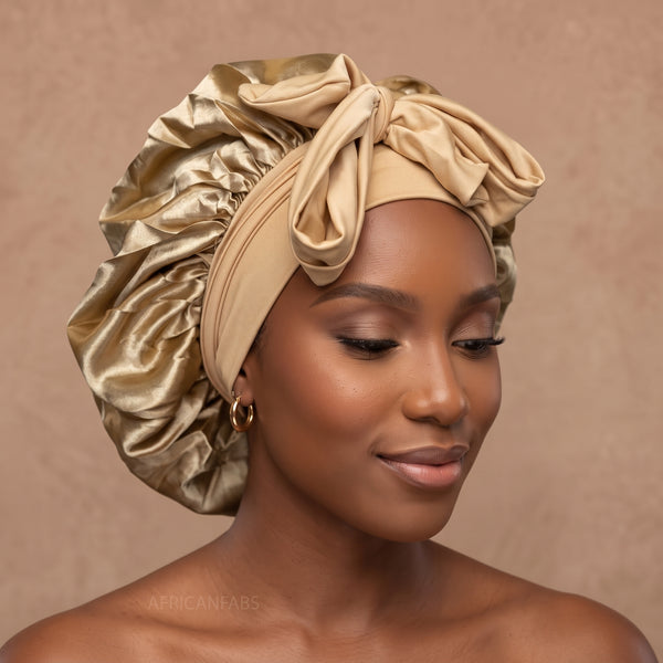 Satinhaube / Satin Hair Bonnet mit Bändern - Khaki ( Satin Schlafhaube )