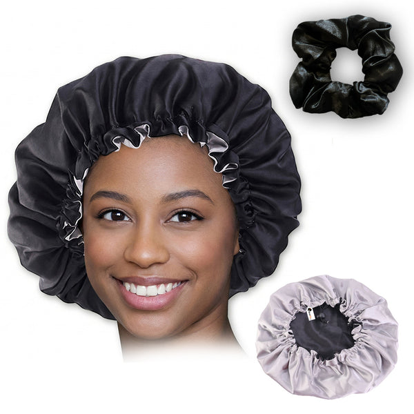 Noir / Gris Bonnet en Satin + Chouchou en satin  ( Bonnet de nuit réversible en satin )