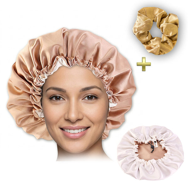 Khaki Satin Hair bonnet + Satin Scrunchie ( Adjustable & Reversable Satin Night sleep cap )