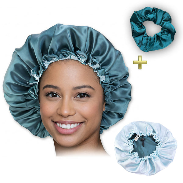 Green Satin Hair bonnet + Satin Scrunchie ( Adjustable & Reversable Satin Night sleep cap )