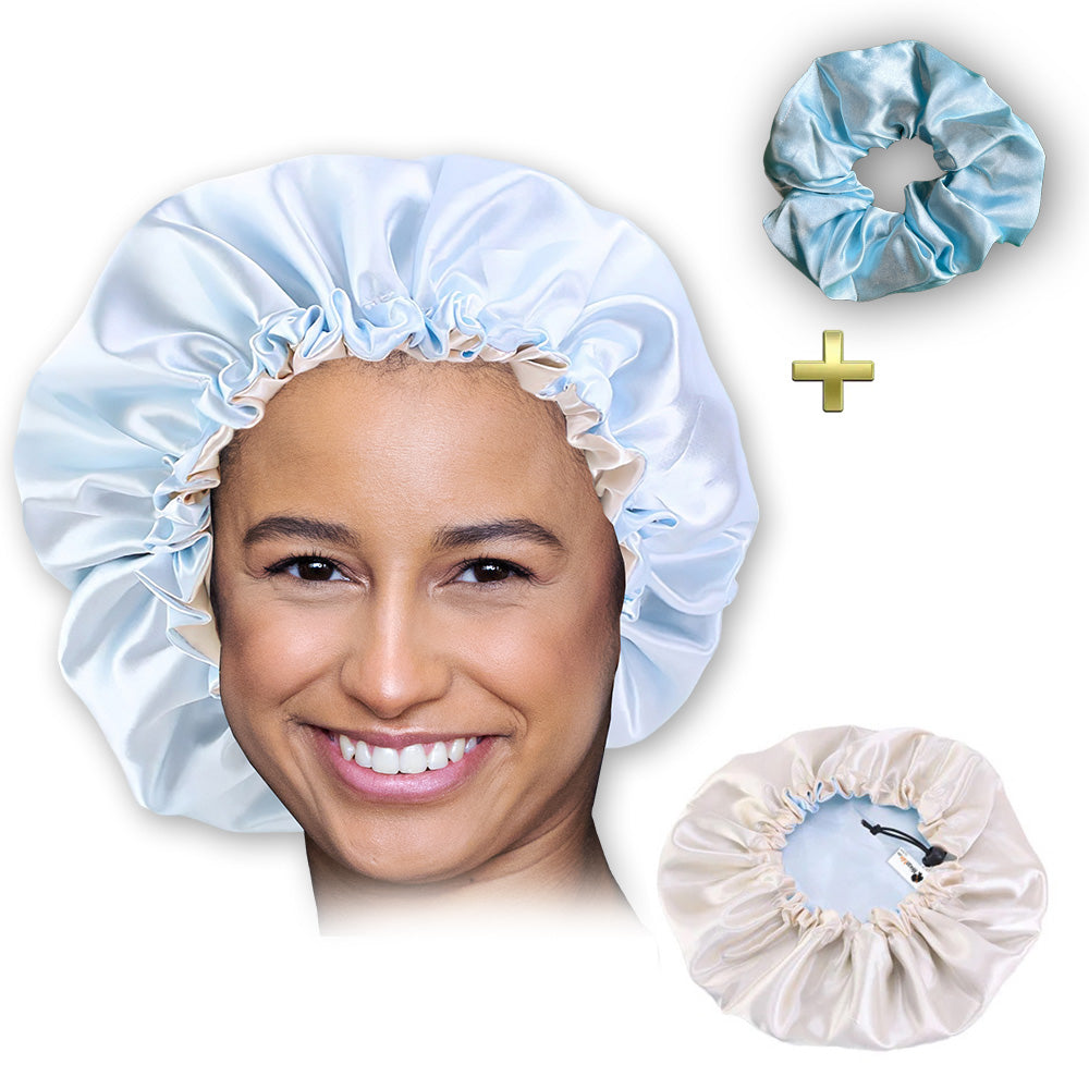 Light blue Satin Hair bonnet + Satin Scrunchie ( Adjustable & Reversable Satin Night sleep cap )