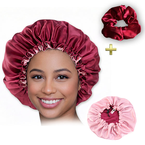 Red Satin Hair bonnet + Satin Scrunchie ( Adjustable & Reversable Satin Night sleep cap )