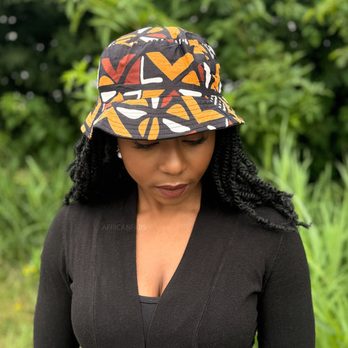 Bucket hat / Fisherman hat with African print - Brown Cross Bogolan - Kids & Adults sizes (Unisex)