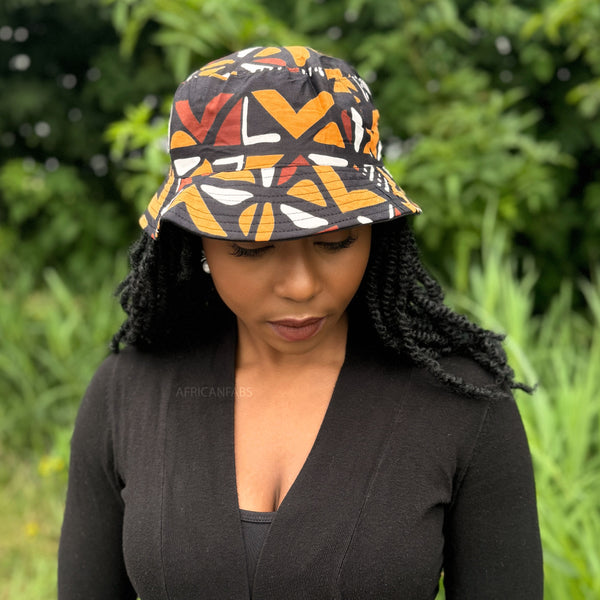 Bucket hat / Fischerhut mit afrikanischem Print - Braun Cross Bogolan - Kinder & Erwachsene Größen (Unisex)