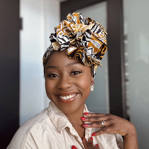 Foulard africain / Turban wax - Sable Mosaïque Bogolan