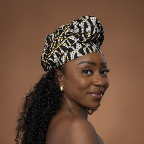 Foulard africain / Turban wax - Noir Blanc Ndop Cameroon