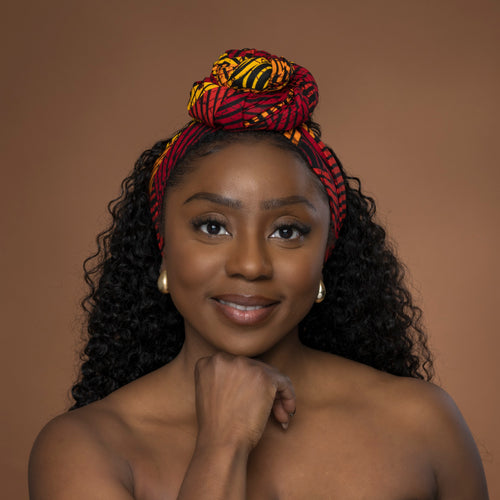 Foulard africain / Turban wax - Rouge Jaune Concentric Circle Design