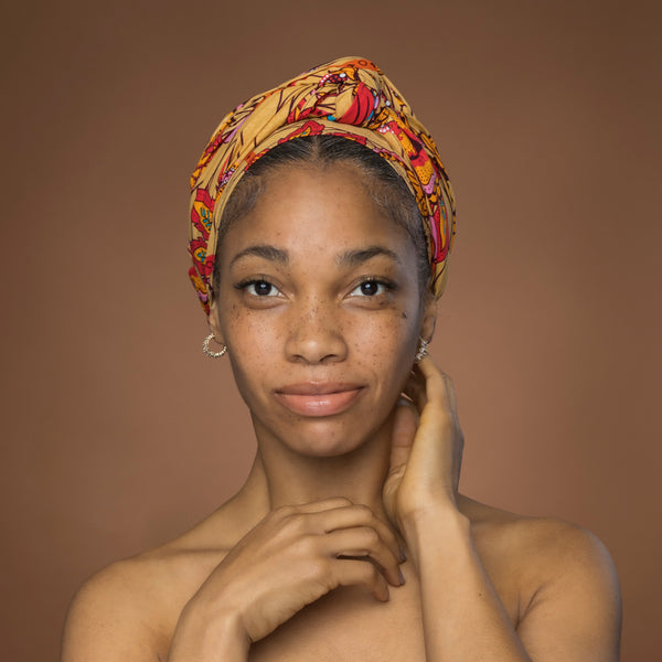 African headwrap - Beige Orange Botanical Flow