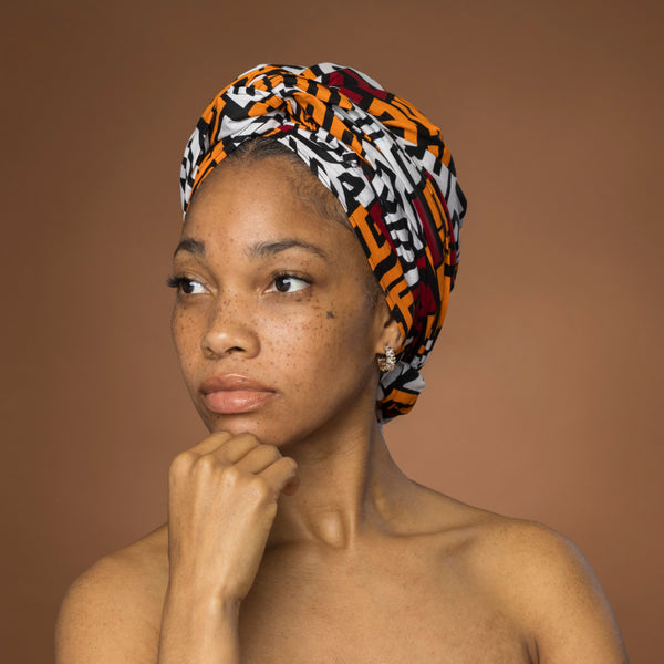 Afrikanisches Kopftuch / headwrap - Braun Gelb Kuba Blocks Congo