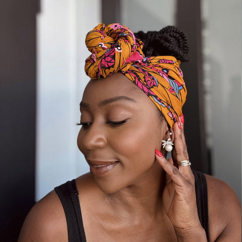 Foulard africain / Turban wax - Moutarde & Rose Botanical Flow