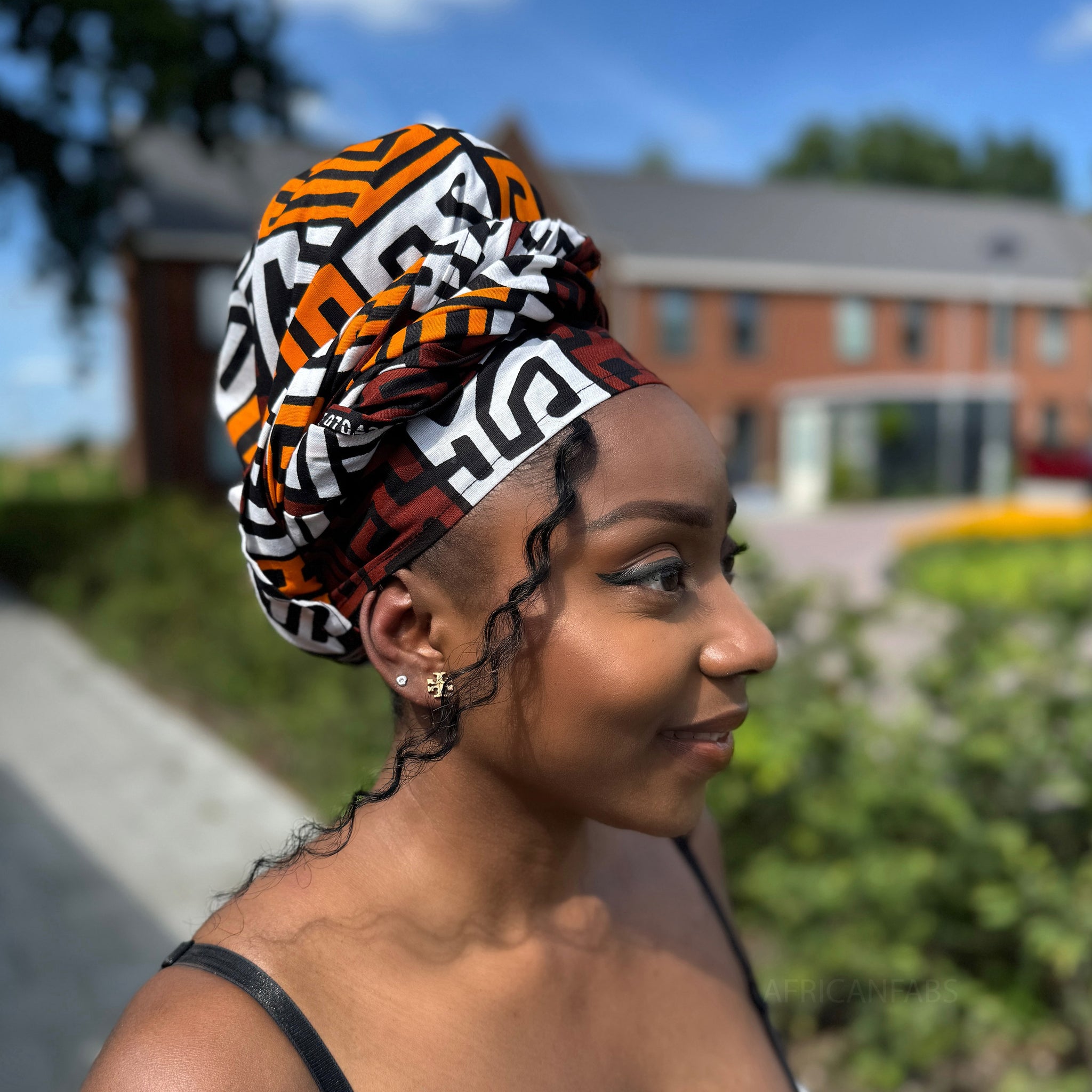 African headwrap - Brown & Yellow-Orange Kuba Blocks Congo