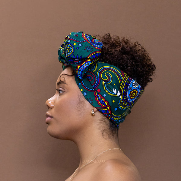 Foulard africain / Turban wax - Vert Multicolore Paisley