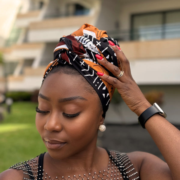 Afrikanisches Kopftuch / headwrap - Braun Bogolan Symbols