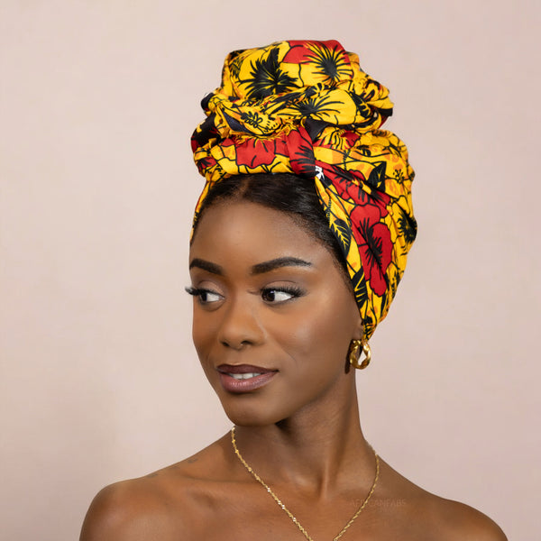 Foulard africain / Turban wax - Rouge / jaune fleur