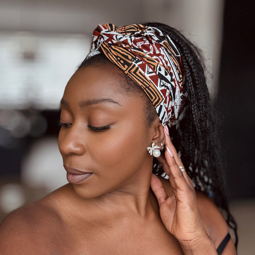 Foulard africain / Turban wax - Marron Bogolan Mosaic