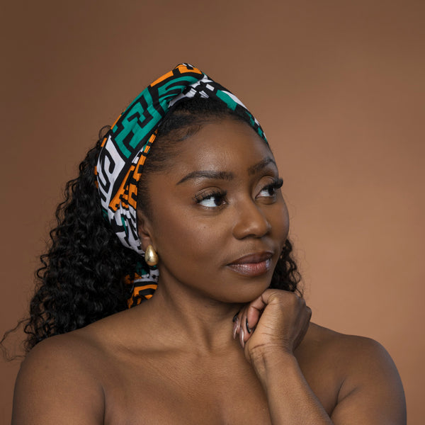 African headwrap - Teal Yellow Kuba Blocks Congo