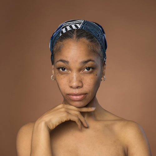 Foulard africain / Turban wax - Bleu Bogolan Mosaic