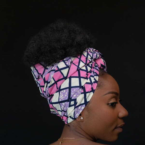 Foulard africain / Turban wax - Blanc / rose