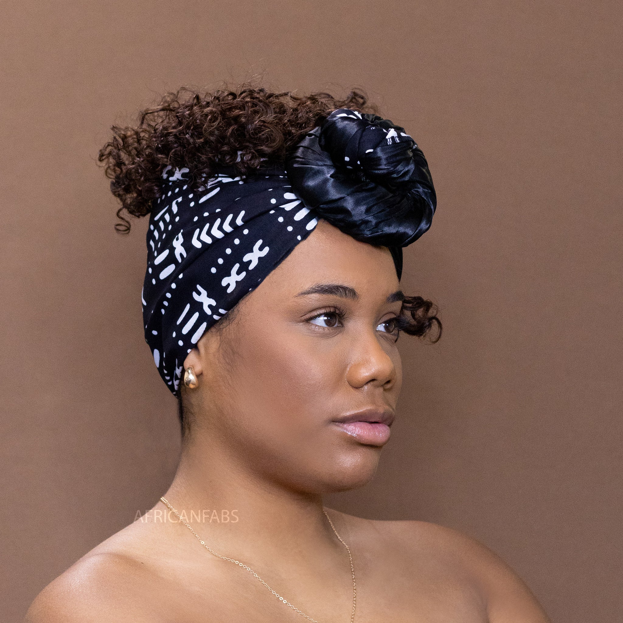 Afrikanisches Schwarz / Weiss Satin gefüttert  Bogolan-Kopftuch - Bogolan headwrap