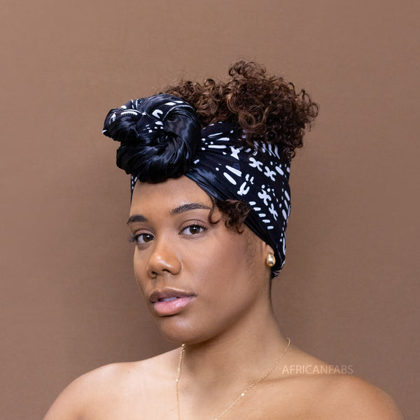 Afrikanisches Schwarz / Weiss Satin gefüttert  Bogolan-Kopftuch - Bogolan headwrap
