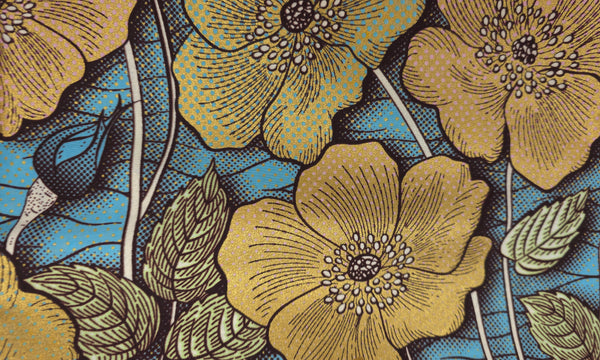 Afrikanischer Stoff - Blau Gold Vintage Garden Bloom - Spezialeffekt Brillant Platinum Edition