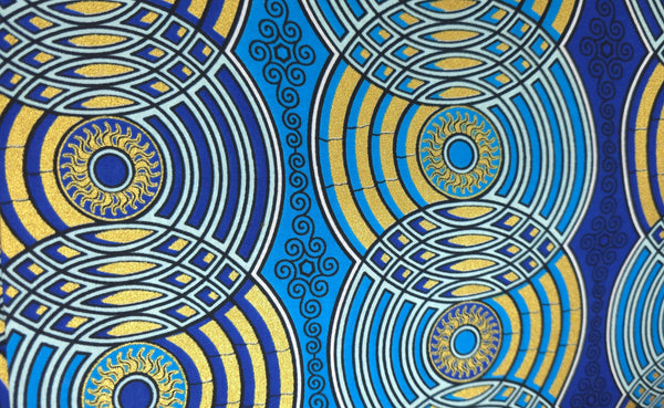 African Wax print fabric - Blue Gold Retro Circles - Special effect Brillant Platinum Edition