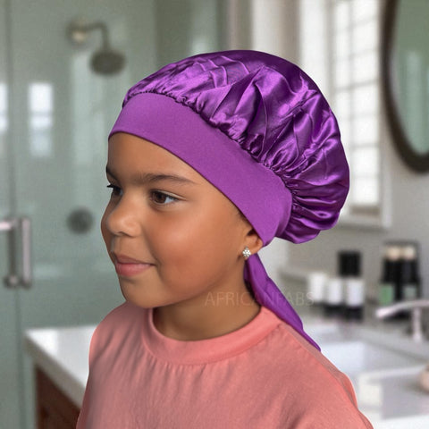 Lila Satin-Haube mit Bändern zum Binden (Kindergröße 3–7 Jahre) (Satin-Nachtmütze / Satin bonnet / Schlafhaube / Kinder Hair Bonnet / Satin bonnet)