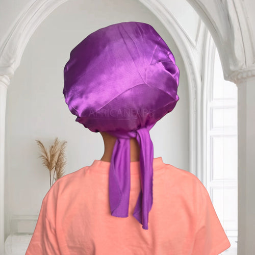 Lila Satin-Haube mit Bändern zum Binden (Kindergröße 3–7 Jahre) (Satin-Nachtmütze / Satin bonnet / Schlafhaube / Kinder Hair Bonnet / Satin bonnet)