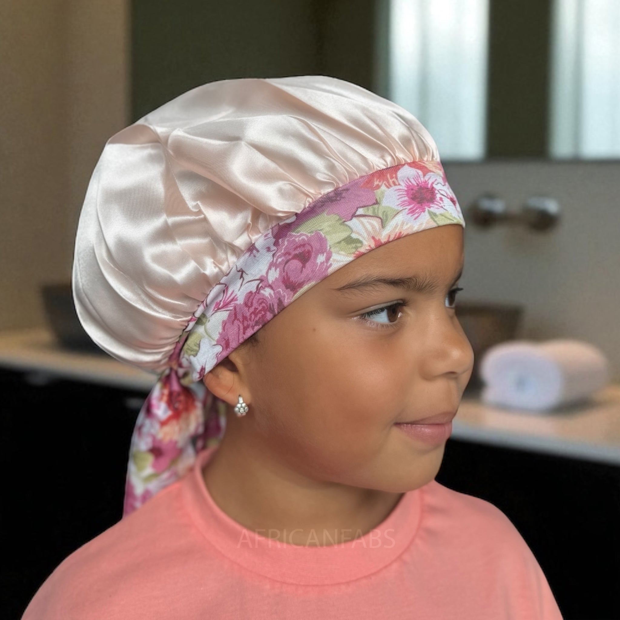Flower Satin Hair Bonnet with Tie Straps (Kids / Children's size 3-7 years) ( Satin Night sleep cap)