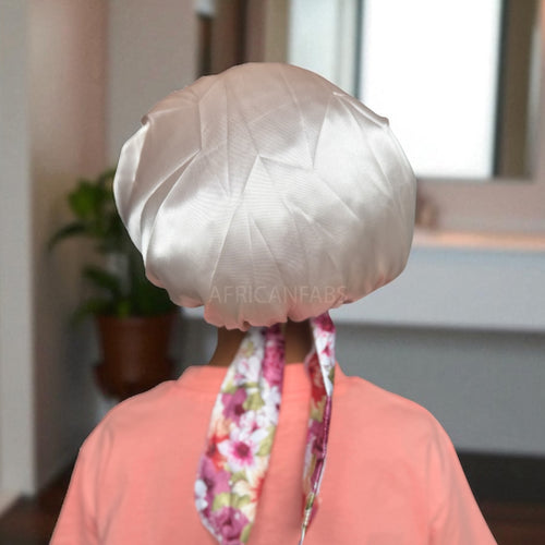 Blume Satin-Haube mit Bändern zum Binden (Kindergröße 3–7 Jahre) (Satin-Nachtmütze / Satin bonnet / Schlafhaube / Kinder Hair Bonnet / Satin bonnet)