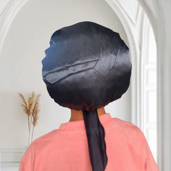 Bonnet en satin Noir avec liens à nouer (taille enfant 3-7 ans) (bonnet de nuit en satin)