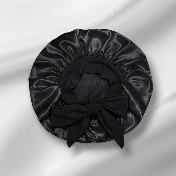 Bonnet en satin Noir avec liens à nouer (taille enfant 3-7 ans) (bonnet de nuit en satin)