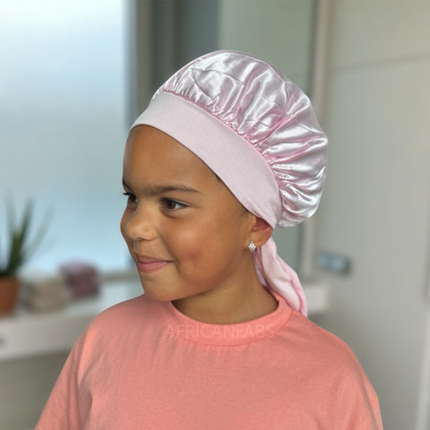 Rosa Satin-Haube mit Bändern zum Binden (Kindergröße 3–7 Jahre) (Satin-Nachtmütze / Satin bonnet / Schlafhaube / Kinder Hair Bonnet / Satin bonnet)