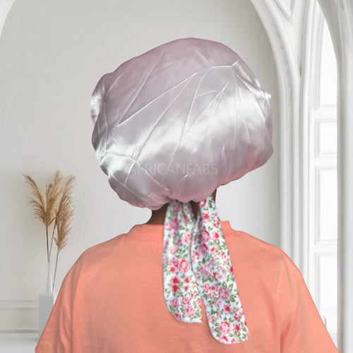 Rosa blume Satin-Haube mit Bändern zum Binden (Kindergröße 3–7 Jahre) (Satin-Nachtmütze / Satin bonnet / Schlafhaube / Kinder Hair Bonnet / Satin bonnet)