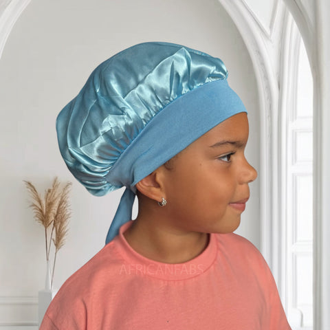 Blau Satin-Haube mit Bändern zum Binden (Kindergröße 3–7 Jahre) (Satin-Nachtmütze / Satin bonnet / Schlafhaube / Kinder Hair Bonnet / Satin bonnet)