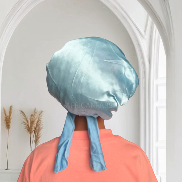 Bonnet en satin Bleu avec liens à nouer (taille enfant 3-7 ans) (bonnet de nuit en satin)