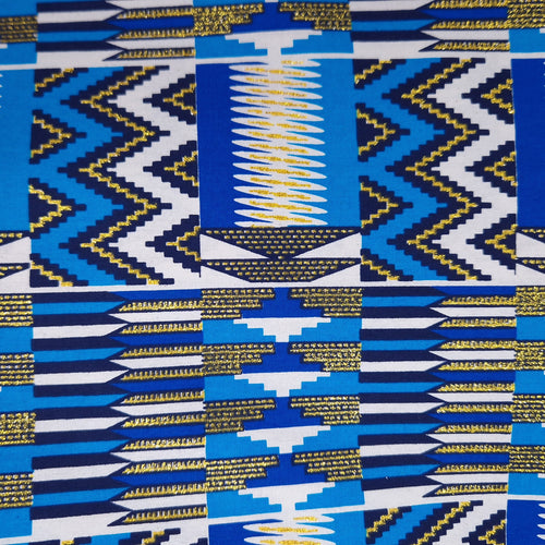 Afrikanischer Stoff - Exklusiv Verschönerte Glitzereffekte 100% Baumwolle - KT-3084 Kente Gold Blau