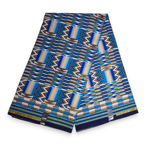 Afrikanischer Stoff - Exklusiv Verschönerte Glitzereffekte 100% Baumwolle - KT-3084 Kente Gold Blau