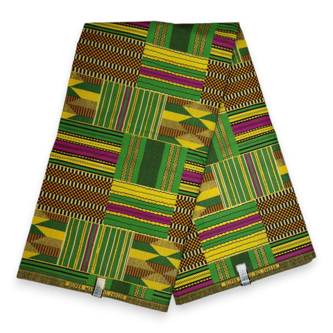 African print fabric - Exclusive Embellished Glitter effects - Poly - KT-3094 Gold Green Kente