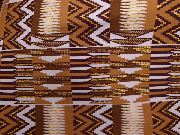 Afrikanischer Stoff - Exklusiv Verschönerte Glitzereffekte 100% Baumwolle - KT-3104 Kente Gold Braun Beige