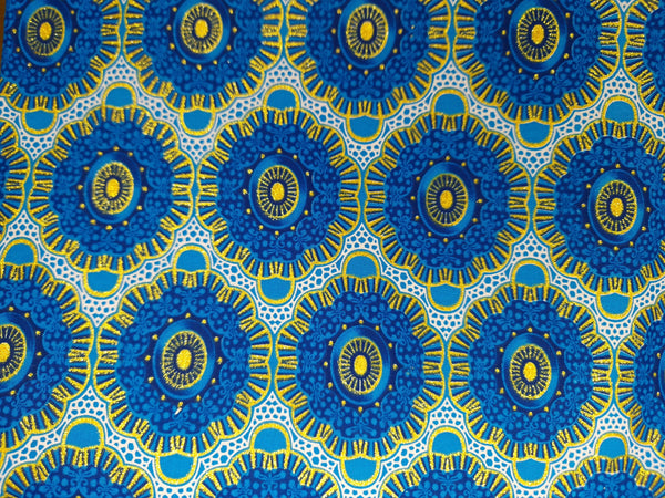 Afrikanischer Stoff - Exklusiv Verschönerte Glitzereffekte 100% Baumwolle - KT-3105 Gold Blau