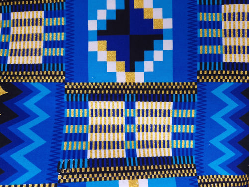 Afrikanischer Stoff - Exklusiv Verschönerte Glitzereffekte 100% Baumwolle - KT-3126  Kente Gold Blau