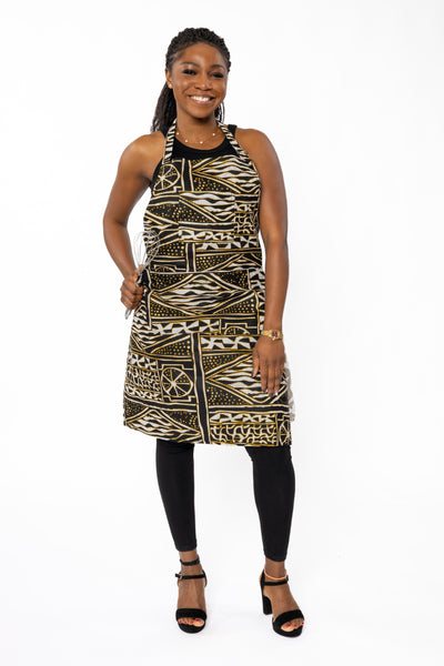 African print Apron - Black White Ndop Cameroon