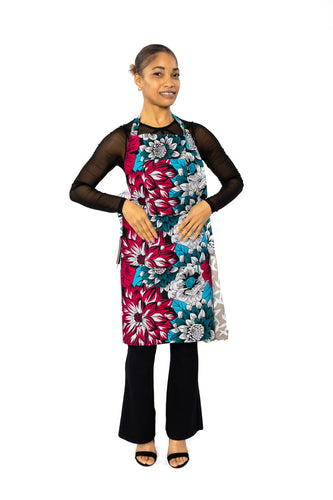 African print Apron - Pink Teal Flowers